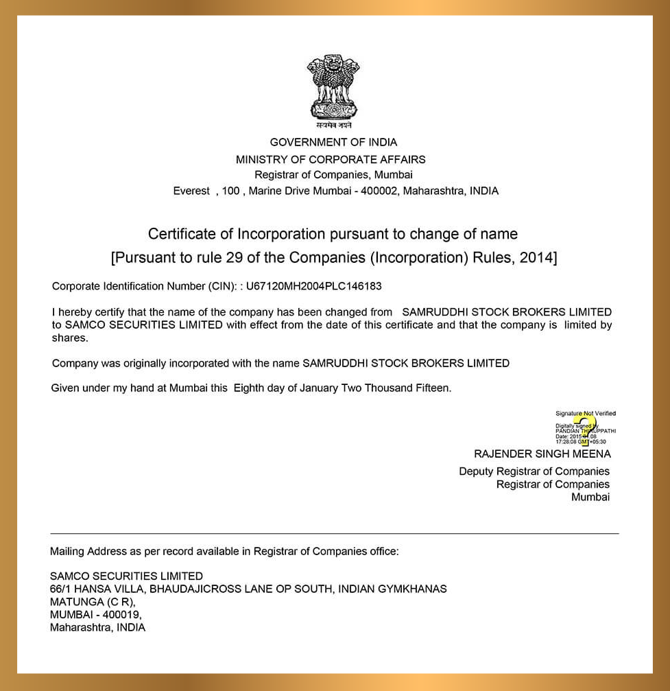 Samco Certificate of Incorporation