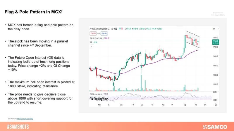 MCX has formed a flag and pole pattern on the daily chart. A decisive breakout above 1800 level can lead to resumption of uptrend