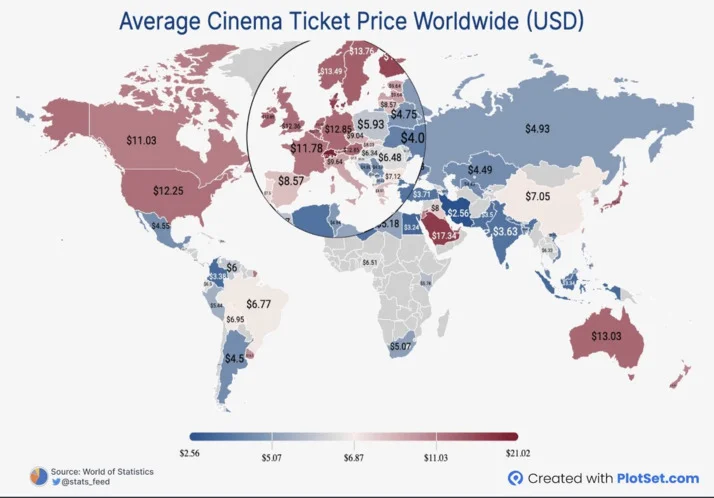 How Much do people from different countries pay to watch a Movie in Cinema?