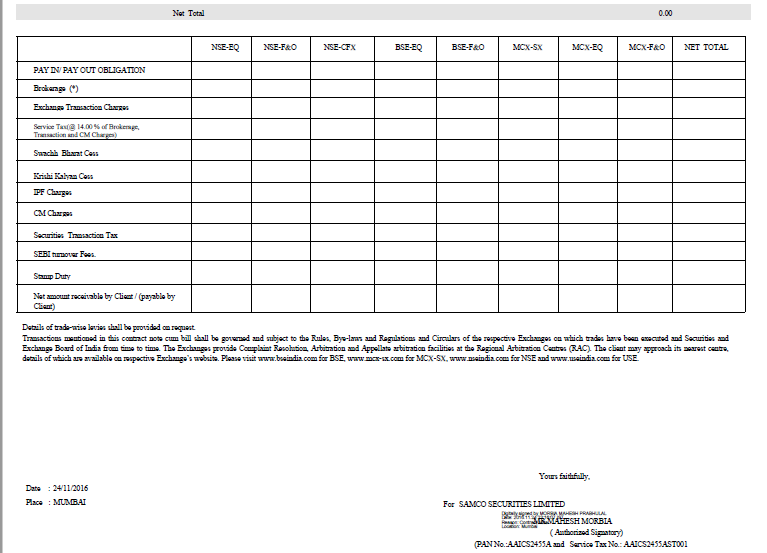 Contract Note By A Stock Broker